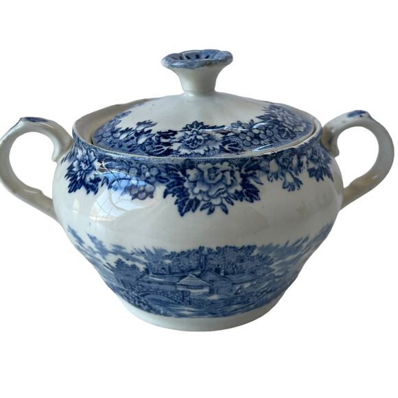Vintage Salem China English Village Sugar Bowl & Lid Blue Olde Staffordshire - Picture 12 of 12